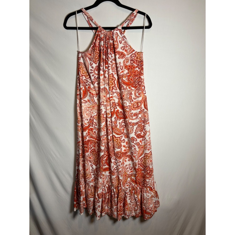 Lucky Brand Paisley Halter Maxi Dress Womens Small Orange Red Boho Ruffle Hem